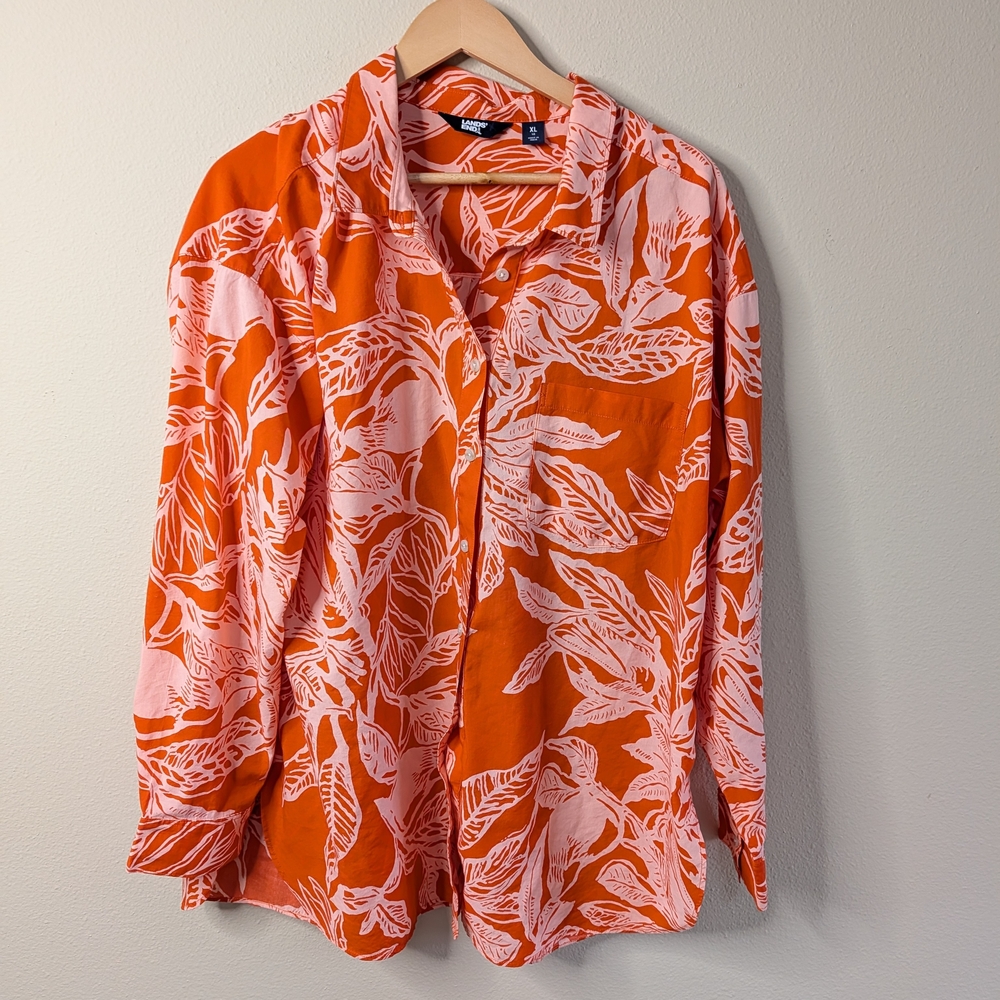 Lands' End Womens XL 18 Orange Tropical Print Button Up Shirt Lightweight Blouse
